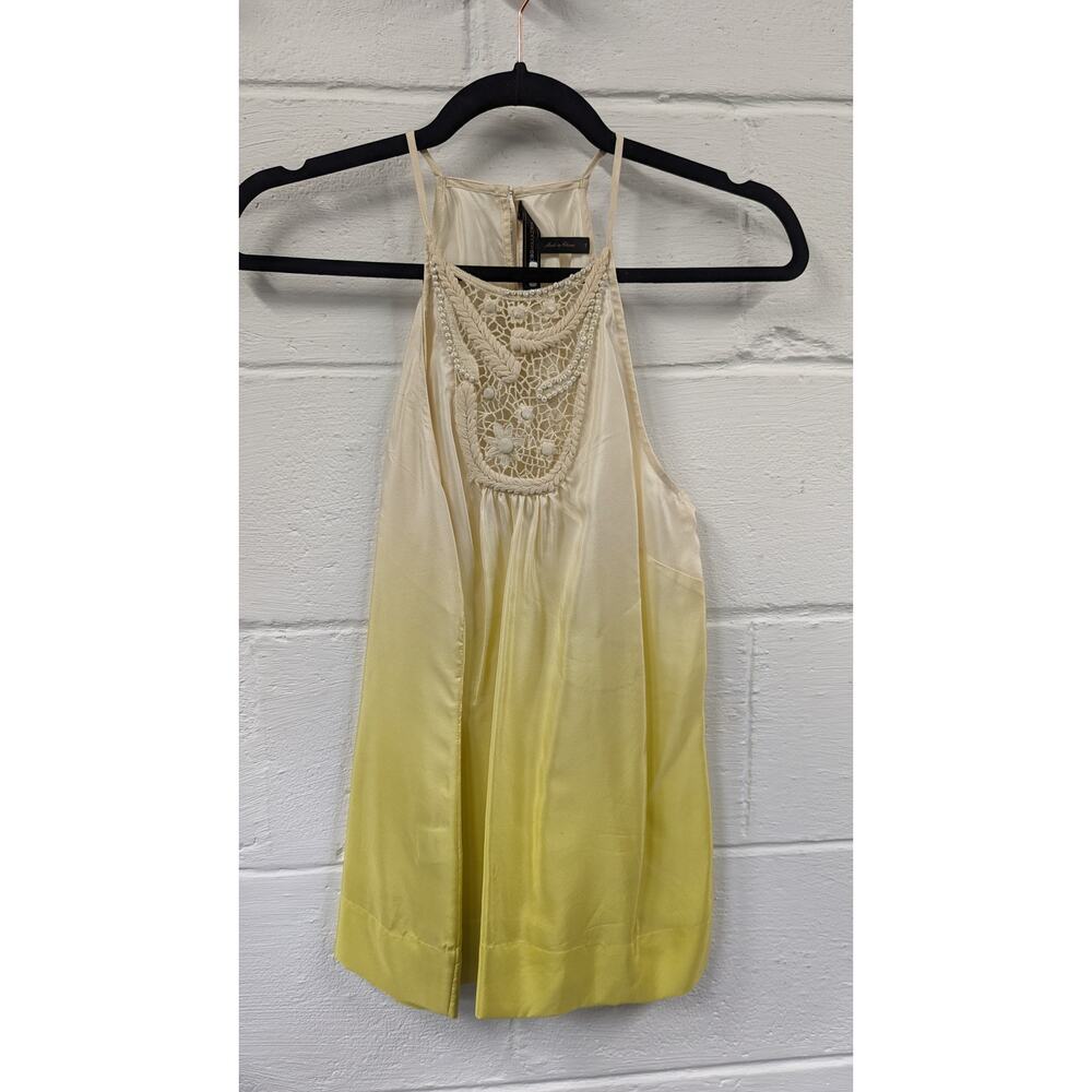 BCBGMAXAZRIA - 100% Silk Yellow/Cream Blouse Top Lace Beaded - Sz.XS